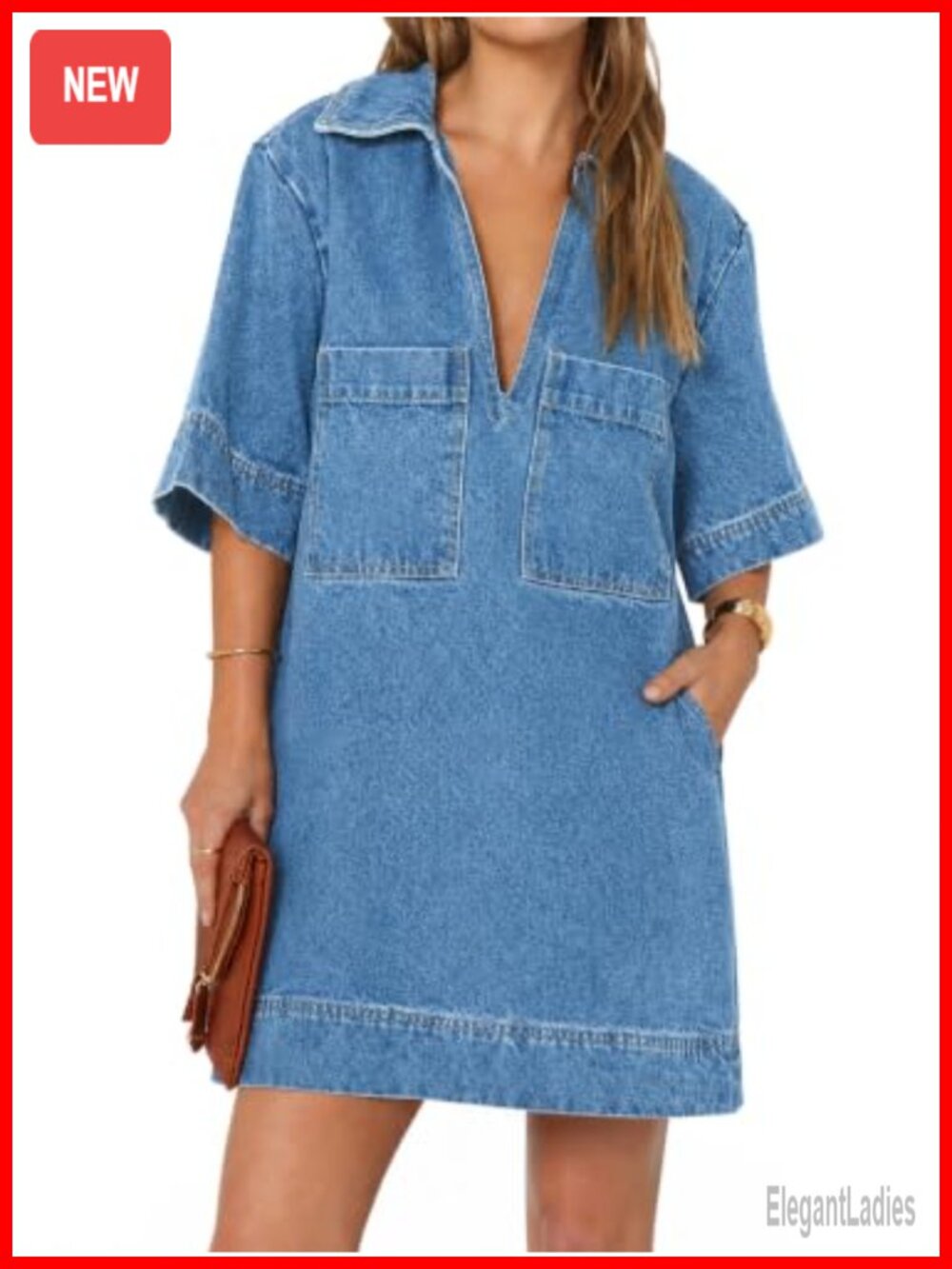 Denim Shirt Dress Summer V Neck Collared Mini Jean Dress Loose Fit
